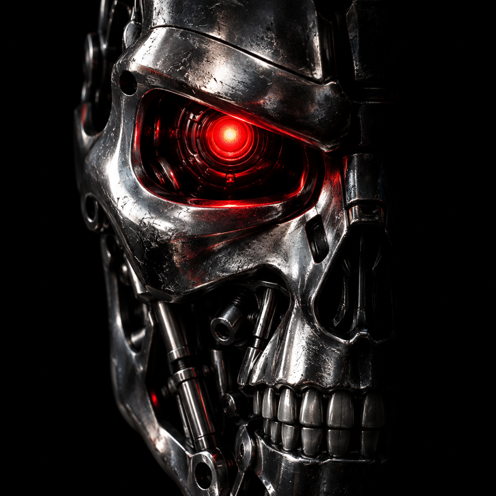 Metallic machine face with a glowing red eye